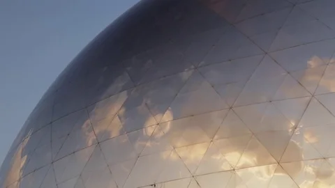 Vulnerability - fragile Earth atmosphere clouds mirrored in geodesic dome Stock Footage 70179190