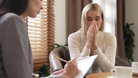 Vulnerable young patient release emotion from traumatic event. Blithe Video stock 274930169