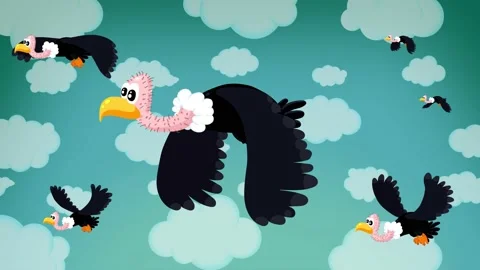 Vultures flying cartoon animation loop. Big birds flying on sky with clouds. Stock Footage