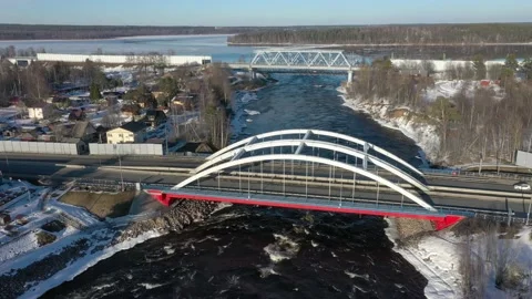 The Vuoksa River and the Losevsky Rapids. Red road bridge. Railway tracks across Stock Footage 196310279