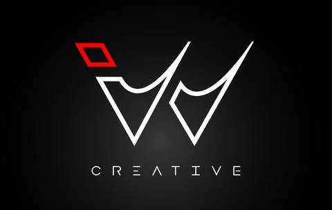 W Letter Design Logo with Monogram Line White and Red colors on a Black backg Stock Illustration