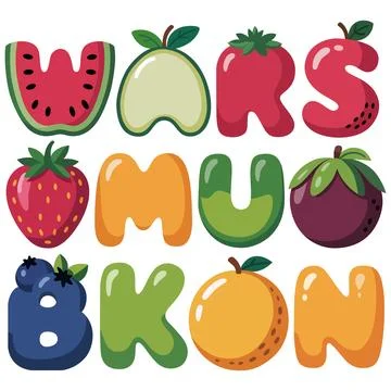 W A R S A W Fruit Alphabet Vector Colorful Food Typography Letters Stock Illustration
