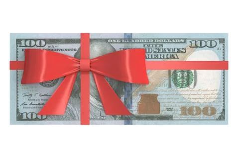Wad of 100 Dollars banknotes with red bow, gift concept. 3D rendering イラスト素材