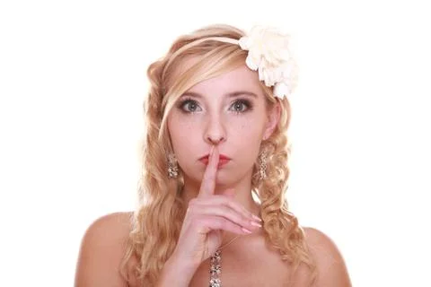 Wadding day. bride showing hand silence sign Stock Photos