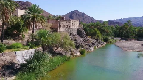 Wadi Mahram Samail Low Angle 4K Drone Oman Stock Footage 168129115