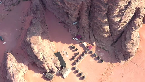 WADI RUM, JORDAN – MARCH 8, 2023. Aerial view of Wadi Rum Beyond Camp. Stock Footage 283797408