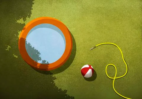 Wading pool, beach ball and hose in sunny backyard Stock Illustration