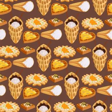 Wafer cookies seamless pattern background waffle cakes pastry cookie biscuit Stock Illustration
