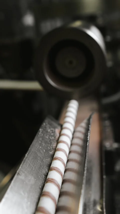 Wafer rolls with chocolate inside move along a conveyor. Video stock 313514677