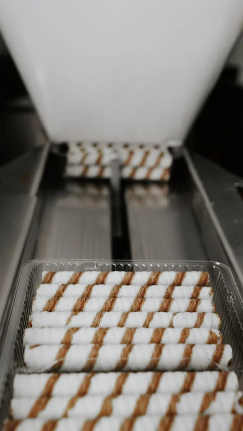 Wafer rolls with chocolate inside move along a conveyor. Stock-Footage 313515345