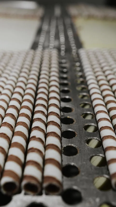 Wafer rolls with chocolate inside move along a conveyor. Stock Footage 313515735
