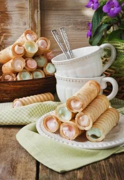 Wafer rolls with cream Stock Photos