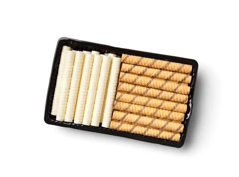 Wafer rolls in a package on a white background top view. Stock Photos