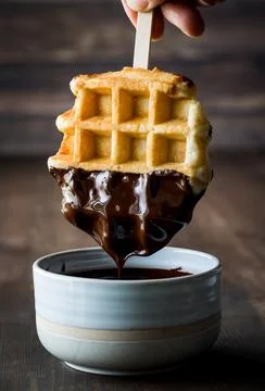 A waffle being dipped into melted chocolate and dripping into a bowl. Stock Photos