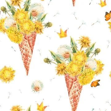 The waffle cone with dandelions seamless pattern Stock Illustration