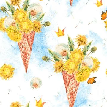 The waffle cone with dandelions seamless pattern Stock Illustration