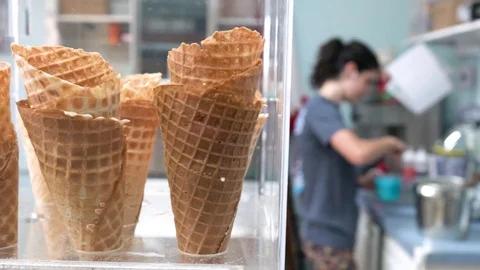 Waffle Cone at Ice Cream Parlor Shop Stock Footage 80234989