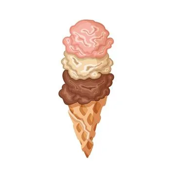 Waffle cone with three scoops of ice cream, sorbet,  vector illustration Stock Illustration