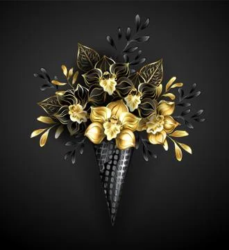 Waffle cones with black orchids Stock Illustration