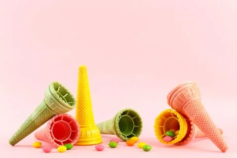 Waffle crispy multi-colored ice cream cones Stock Photos