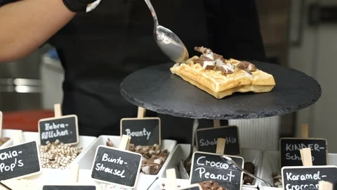 Waffle Decorated with Coconut Sweets at Snack Bar Video stock 87455185