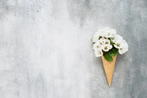 Waffle ice cream cone with pear flowers on a grey background. Spring concept. 写真素材