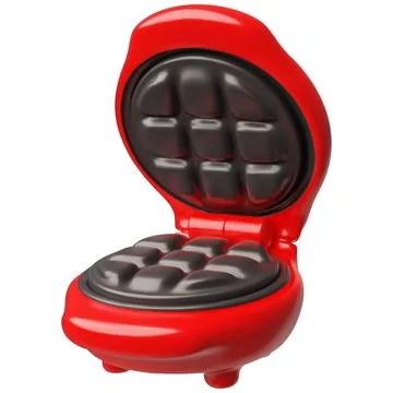 Waffle iron 3D cartoon plastic style vector, red round waffle maker open Stock Illustration