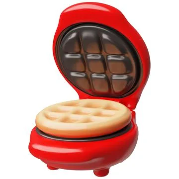 Waffle iron dough baking 3D cartoon plastic style vector, red round waffle maker Illustrazione stock