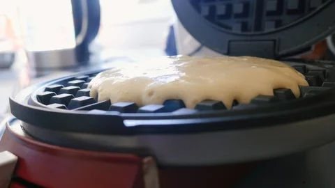 Waffle Maker Cooking Raw Belgian Waffle Batter in 4k Stock Footage 86707629