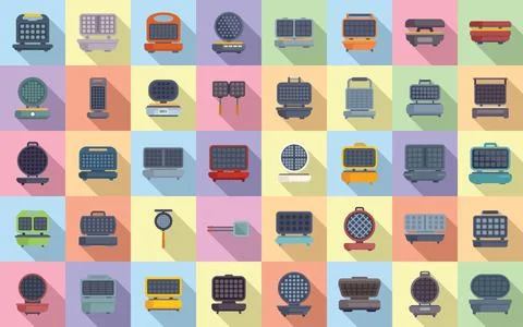 Waffle maker icons set flat vector. Pancake baking Stock Illustration