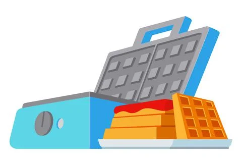 Waffle maker machine. Waffles being baked. Isolated on a white background. Stock Illustration