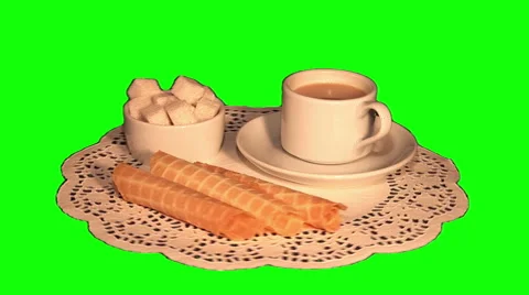 Waffle puffs, cube sugar and white coffee Stock Footage 48444070