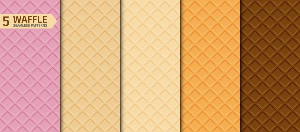 Waffle texture seamless pattern set. Pink strawberry, chocolate and cream w.. Stock Illustration