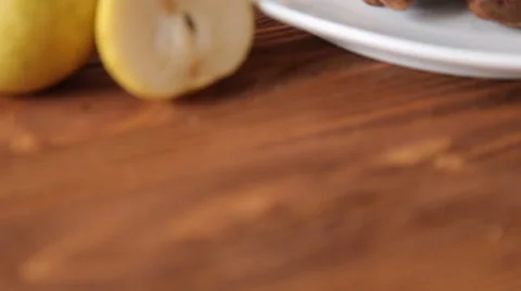 Waffles breakfast with pear on the table Stock Footage 67674856