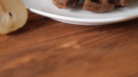 Waffles breakfast with pear on the table Stock Footage 67674985