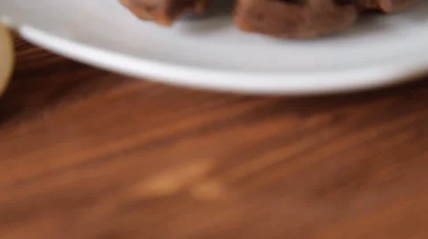 Waffles breakfast with pear on the table Stock Footage 67675132