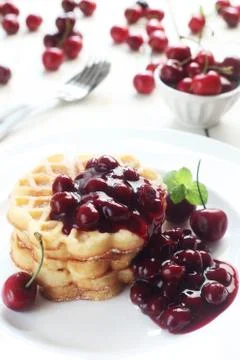 Waffles With Cherries Stock Photos