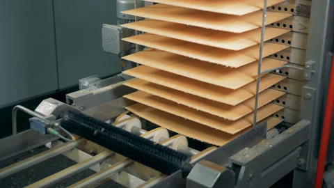 Waffles' layers are getting moved into a column by the conveyor belt Stock Footage 87399934