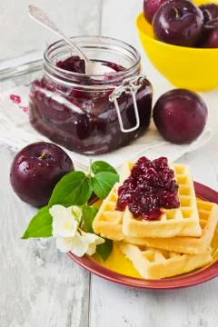 Waffles with plum jam Stock Photos