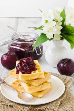Waffles with plum jam Stock Photos