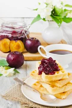 Waffles with plum jam Stock Photos