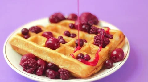 Waffles with red berries Stock Footage 48021081