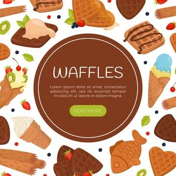Waffles web banner. Tasty crispy desserts, breakfast menu, recipes, pastry Stock Illustration