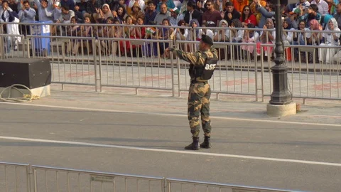 Wagah Border Flag Lowering Ceremony at Pakistan-India Border Stock Footage 129345400
