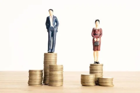 Wage difference between men and women concept. Man and woman standing on t... Stock Photos