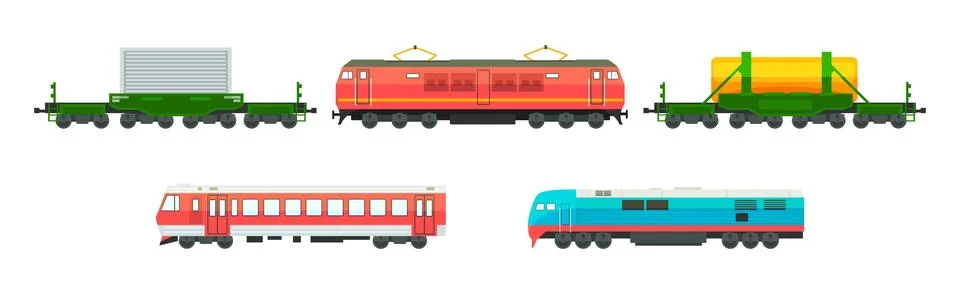 Wagon and Train as Railway Engine and Vehicle Vector Set 스톡 일러스트