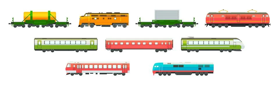 Wagon and Train as Railway Engine and Vehicle Vector Set 스톡 일러스트