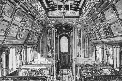 Wagon du chemin de fer du pacifique, les grands travaux du siecle par dumont, Stock Illustration