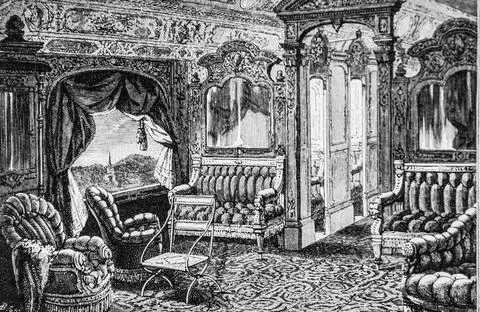 Wagon du chemin de fer du pacifique, les grands travaux du siecle par dumont, Stock Illustration