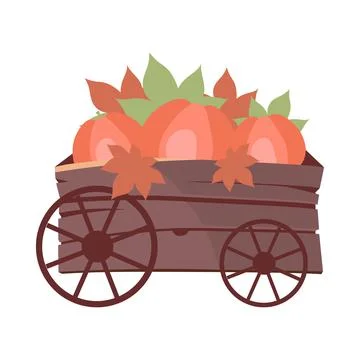 Wagon with pumpkins and red leaves semi flat color vector object Stock Illustration